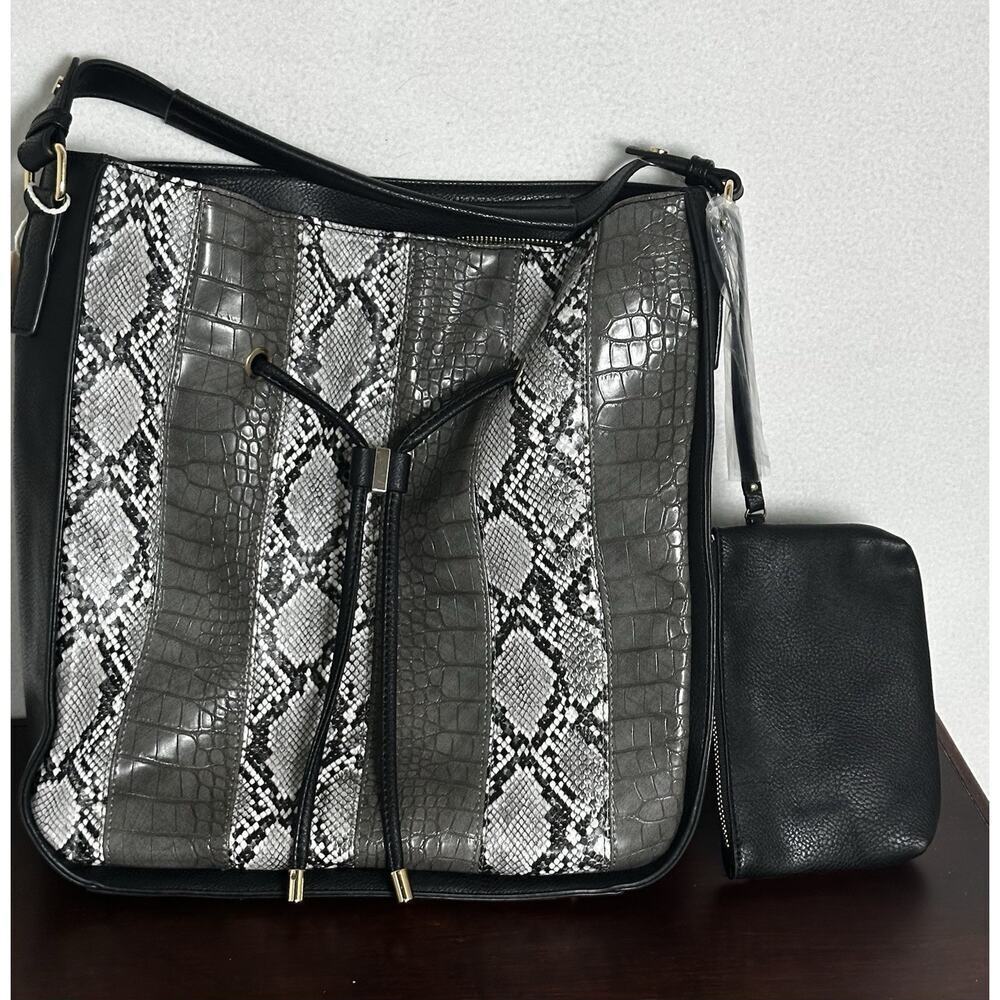 Snakeskin Print Tote Bag Silver Black Faux Leather Shoulder Tote w/ Clutch
